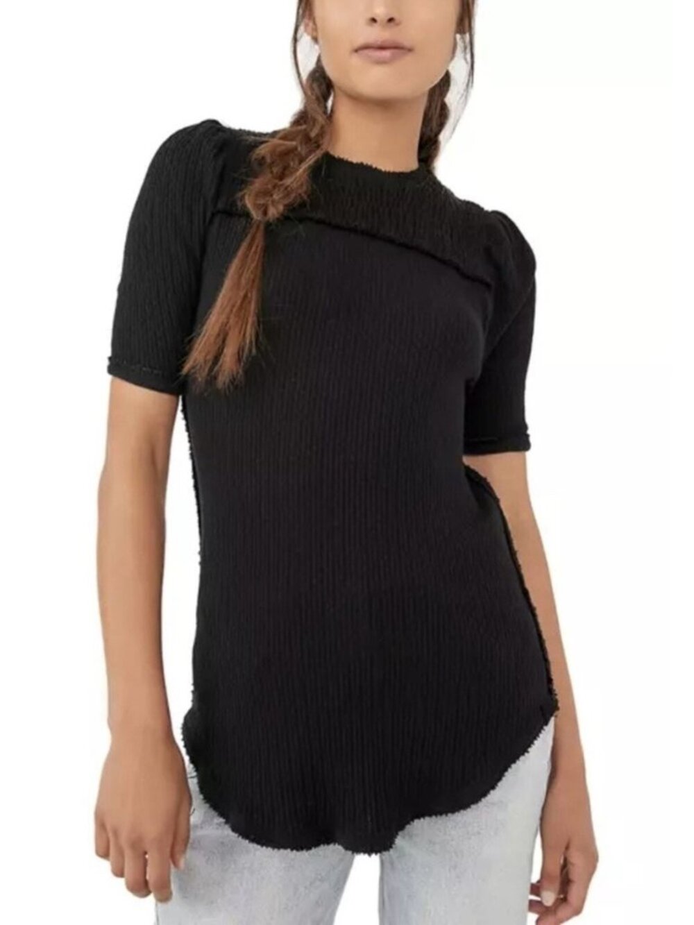 Free People We The Free Ribbed Ruffle Yoke Raw Edge Tee Black NWT XS